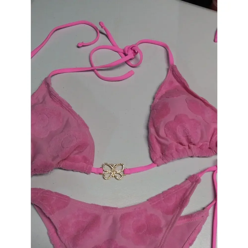 Pink Terry Cloth Tie-Strap Triangle Bikini Set with Heart Texture Size M